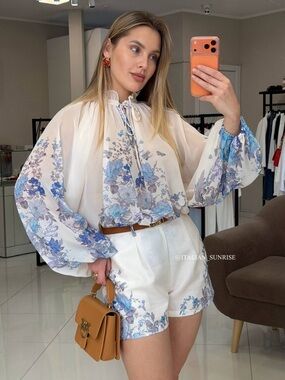 Floral Sheer Long-Sleeve Tie-Neck Blouse - White & Blue